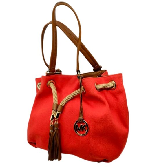 MICHAEL KORS~Marina~RED COTTON CANVAS & LEATHER DRAWSTRING BUCKET BAG - Picture 1 of 6